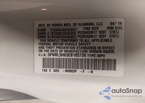 2014 Honda Odyssey Ex-L z USA, uszkodzony, nr VIN 5FNRL5H63EB105726